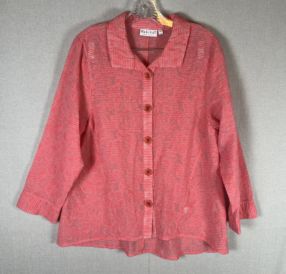Habitat Clothes To Live In Size L Shirt Pink Stripes Buttons Semi Sheer Textured